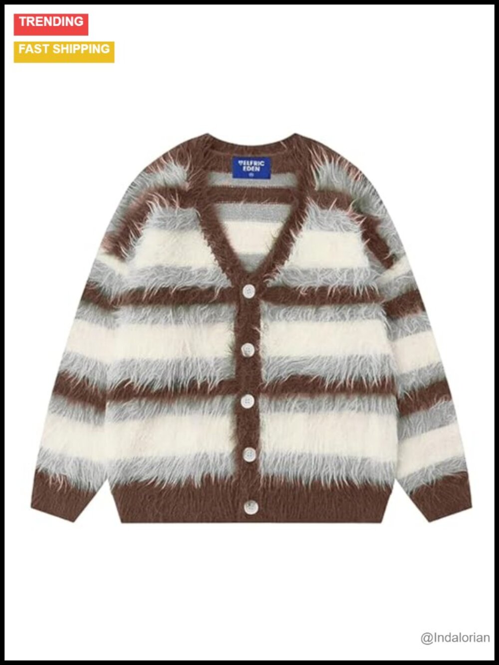 Fuzzy Color Block Striped Cardigan Oversized Knit Sweater